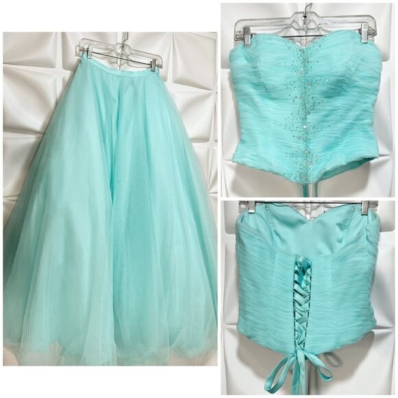 Alfred Angelo Sz 10 Aqua Blue Tulle Two Piece Formal Gown Skirt Corset Strapless - Picture 1 of 16